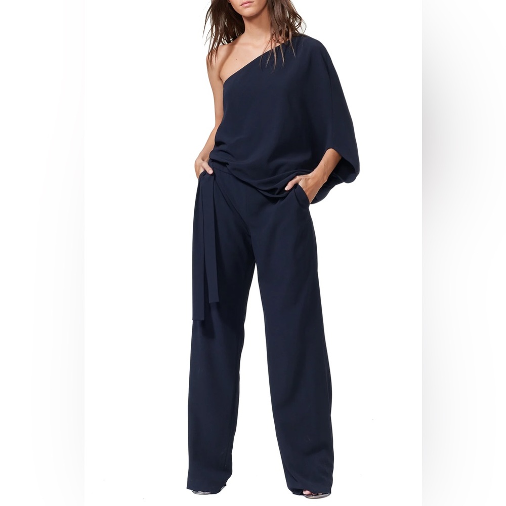 HALSTON HERITAGE *Gia* navy blue one shoulder 70s 80s classic jumpsuit 12